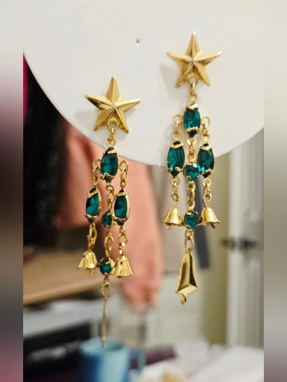 Vintage Gold Star Bells Drop Earrings with Green Rhinestones